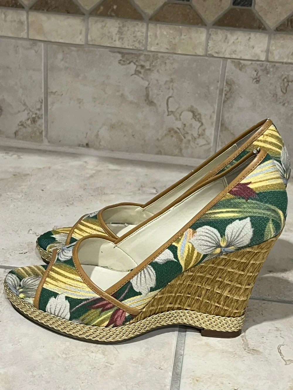 Anne Klein Green Floral Raffia Wedge Sandals